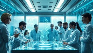 Researchers collaborating on groundbreaking experiments for www.trilgameshproject.com in a high-tech laboratory.