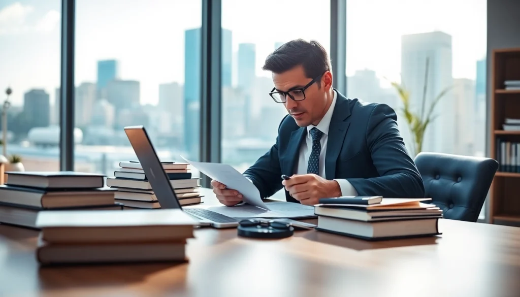 Lawyer reviewing documents at modern office setup, highlighted by https://www.websites.law for effective legal practices.
