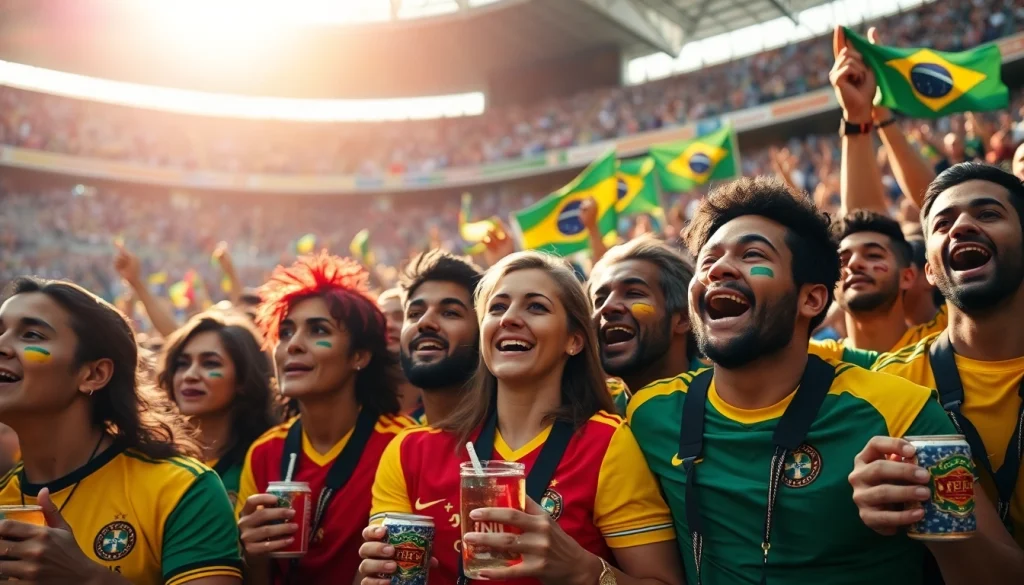 Capture the excitement of sports betting in Brazil with cheering fans and a vibrant stadium atmosphere.