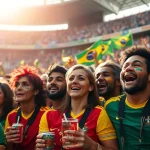 Capture the excitement of sports betting in Brazil with cheering fans and a vibrant stadium atmosphere.