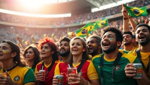 Capture the excitement of sports betting in Brazil with cheering fans and a vibrant stadium atmosphere.