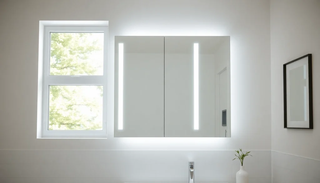 Entdecken Sie den eleganten Spiegelschrank mit LED Beleuchtung in modernem Badezimmer-Design.