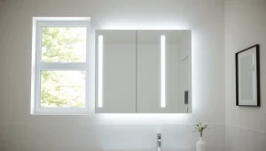 Entdecken Sie den eleganten Spiegelschrank mit LED Beleuchtung in modernem Badezimmer-Design.