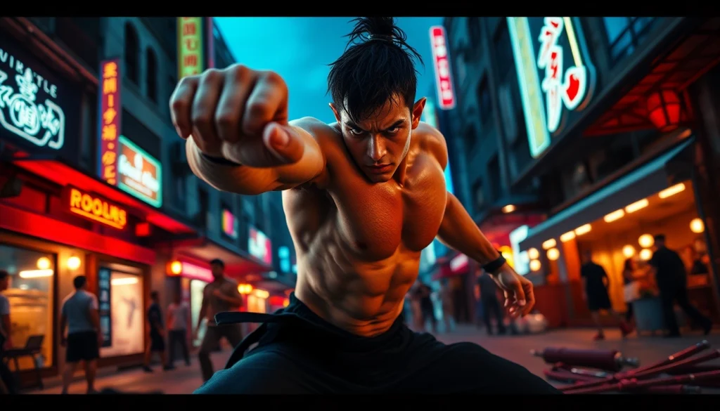 Action-packed scene from a Martial Arts Thriller featuring a fierce warrior in motion.