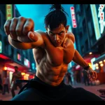 Action-packed scene from a Martial Arts Thriller featuring a fierce warrior in motion.