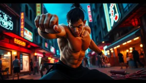 Action-packed scene from a Martial Arts Thriller featuring a fierce warrior in motion.