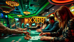 Experience thrilling online gaming at https://xx88.pizza/ with our vibrant casino scene showcasing engaged players, digital displays, and a warm atmosphere.