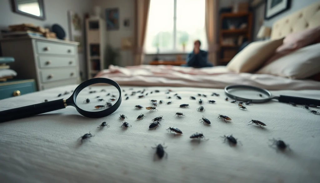 Addressing bed bug infestation with https://affordablebedbugexterminators.com tools in a staged bedroom.