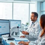 Researchers analyzing data for the ADAPTABLE Aspirin Study in a modern lab setting.