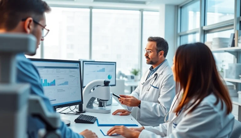 Researchers analyzing data for the ADAPTABLE Aspirin Study in a modern lab setting.