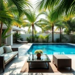Pattaya property for rent featuring a luxury pool and lush greenery, inviting and stylish.