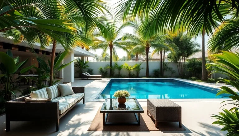 Pattaya property for rent featuring a luxury pool and lush greenery, inviting and stylish.