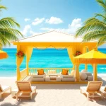 Relaxing coastal cabana by the ocean with palm trees and beach chairs for a tranquil retreat.