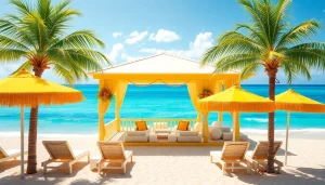 Relaxing coastal cabana by the ocean with palm trees and beach chairs for a tranquil retreat.