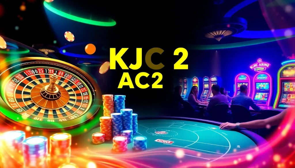 Exciting casino experience with KJC AC 2 roulette wheel, poker chips, and vibrant slot machines.