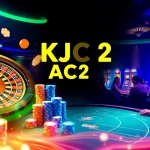 Exciting casino experience with KJC AC 2 roulette wheel, poker chips, and vibrant slot machines.