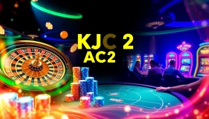 Exciting casino experience with KJC AC 2 roulette wheel, poker chips, and vibrant slot machines.