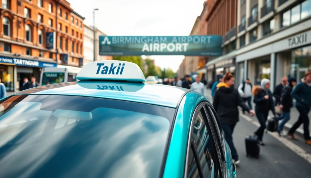 Engaging taxi Nottingham to Birmingham Airport service in a busy city street setting, showcasing a modern taxi and vibrant atmosphere.