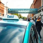 Engaging taxi Nottingham to Birmingham Airport service in a busy city street setting, showcasing a modern taxi and vibrant atmosphere.