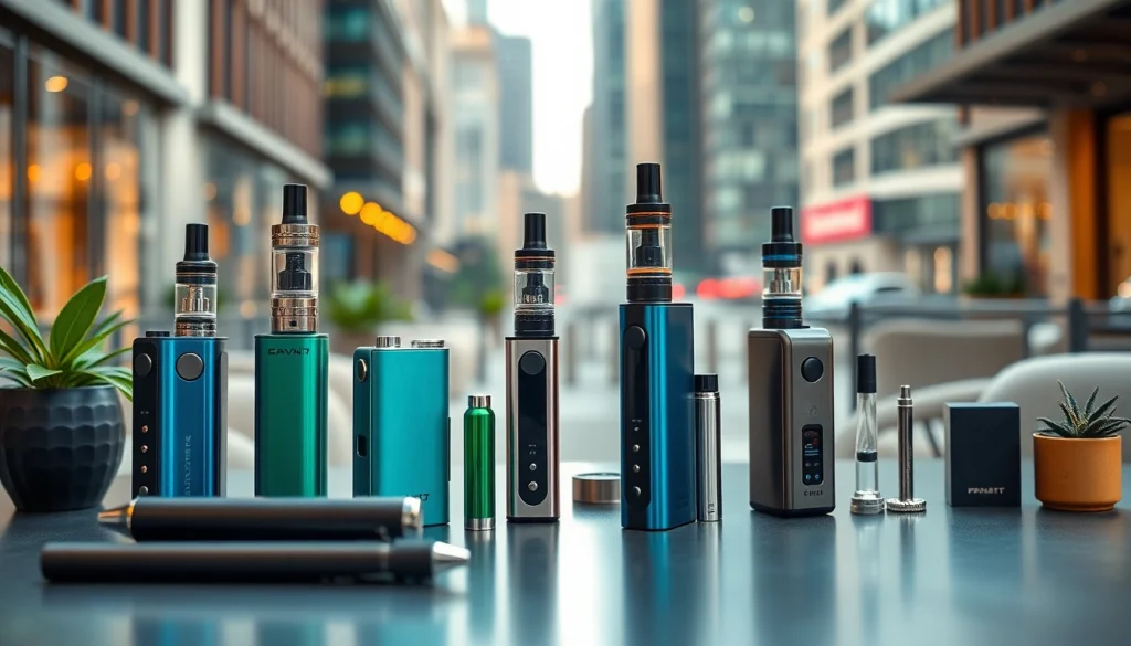 Vapes in an urban setting, showcasing diverse styles and designs for an elegant display.