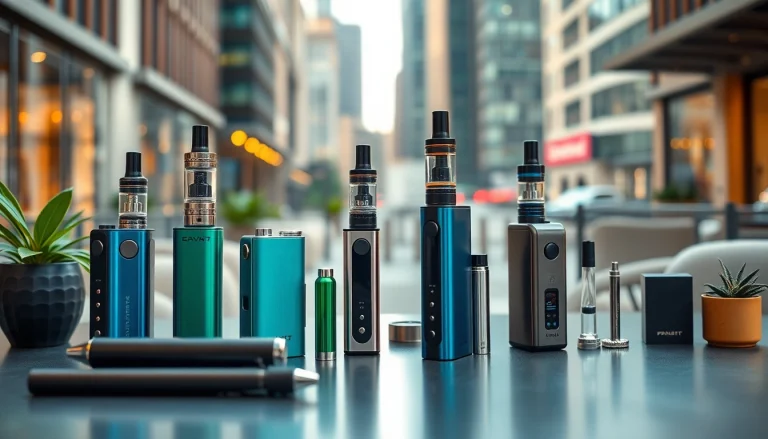 Vapes in an urban setting, showcasing diverse styles and designs for an elegant display.