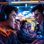 Masuk ke mawar500 login game dengan gamer terlibat dalam suasana kompetitif yang energik.