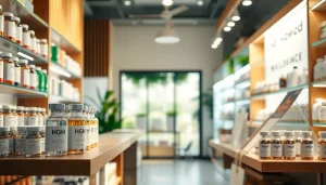 Explore HGH FOR SALE in a premium pharmacy setting, showcasing health products on bright shelves.