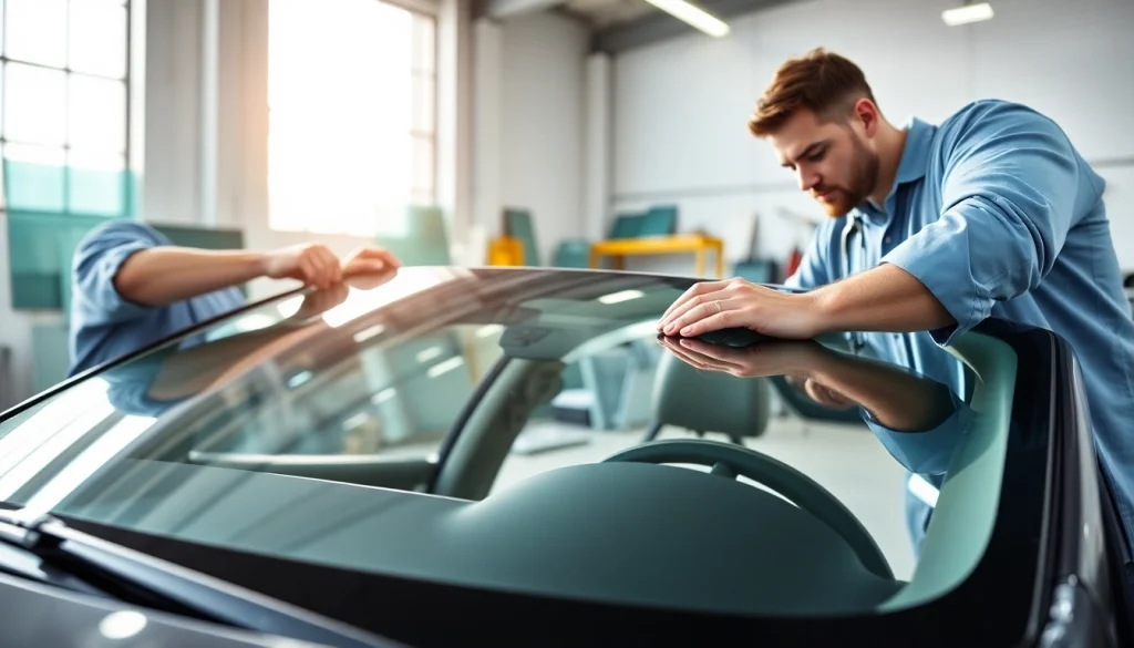 Lifetime warranty auto glass Denver service with skilled technicians installing a clear windshield.