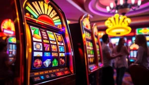 Mainan slot menarik perhatian dengan simbol berwarna-warni dan lampu cerah.