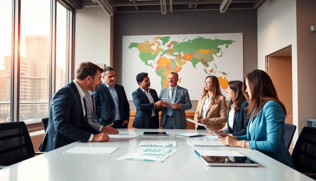 Engaging professionals discussing international real estate investment during a business meeting.