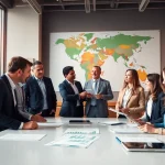 Engaging professionals discussing international real estate investment during a business meeting.