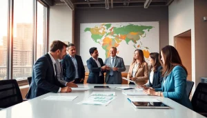 Engaging professionals discussing international real estate investment during a business meeting.