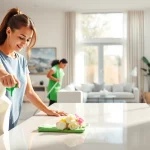 Efficient team providing Cleaning Service in a vibrant, modern home environment.