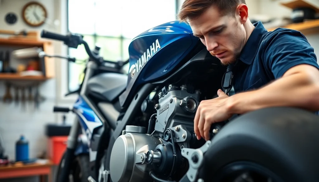 Fachmännische Wartung der motorradtechnik an einem Yamaha-Motorrad in einer modernen Werkstatt.