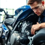 Fachmännische Wartung der motorradtechnik an einem Yamaha-Motorrad in einer modernen Werkstatt.