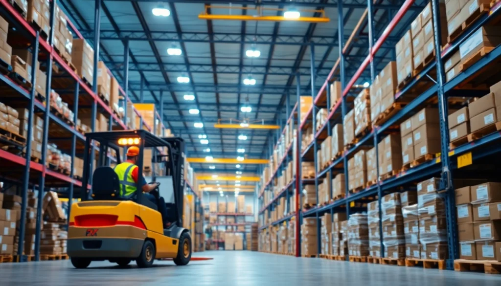 Visual representation of 3PL showcasing a dynamic logistics warehouse with organized inventory.