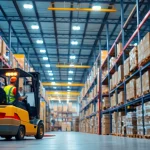 Visual representation of 3PL showcasing a dynamic logistics warehouse with organized inventory.