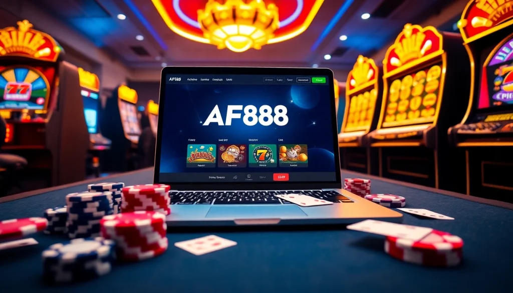 Dynamic AF88 com online gaming platform scene with casino elements.