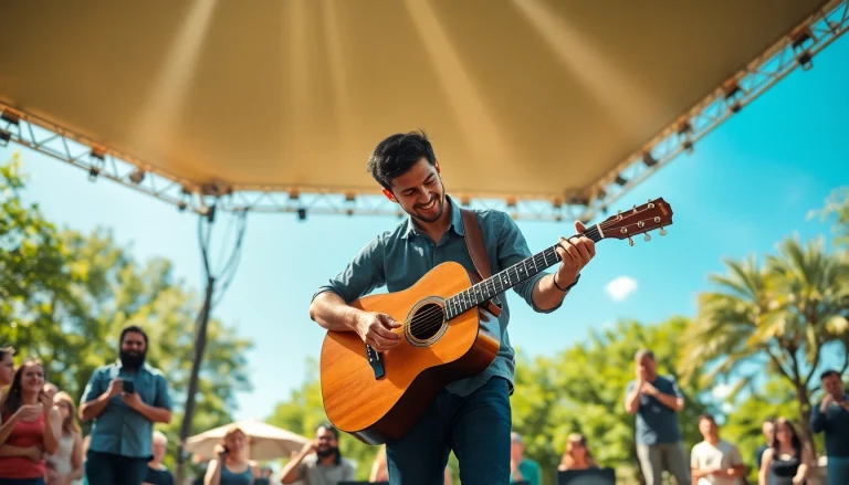 Engaging guitarist performing at https://guitarlessons.co.uk, captivating an audience in a vibrant outdoor setting.