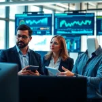 Analyze competitive intelligence with professionals in a bright, modern office setting.