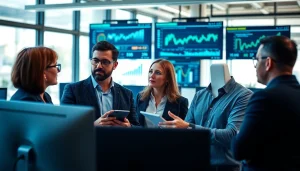 Analyze competitive intelligence with professionals in a bright, modern office setting.