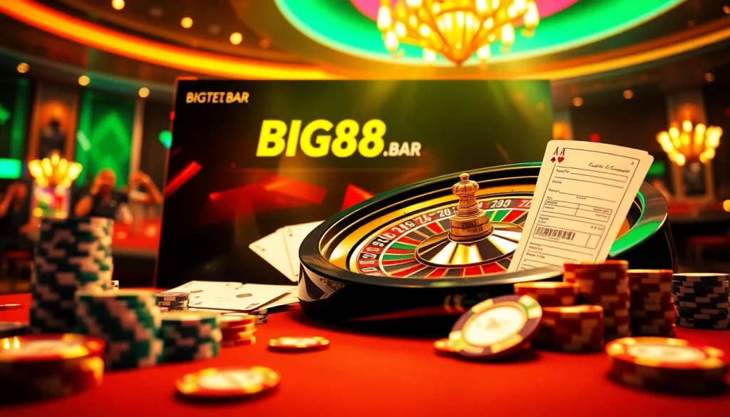 Engage with the exciting atmosphere of BIG88.BAR's online casino featuring vibrant poker chips and a roulette wheel.