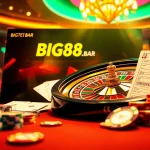 Engage with the exciting atmosphere of BIG88.BAR's online casino featuring vibrant poker chips and a roulette wheel.
