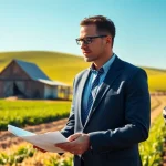 Engaging agriculture lawyer providing legal guidance in a bright farm setting.