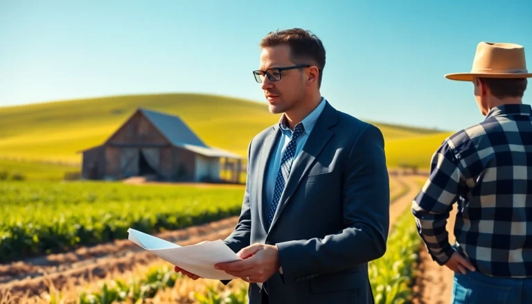 Engaging agriculture lawyer providing legal guidance in a bright farm setting.