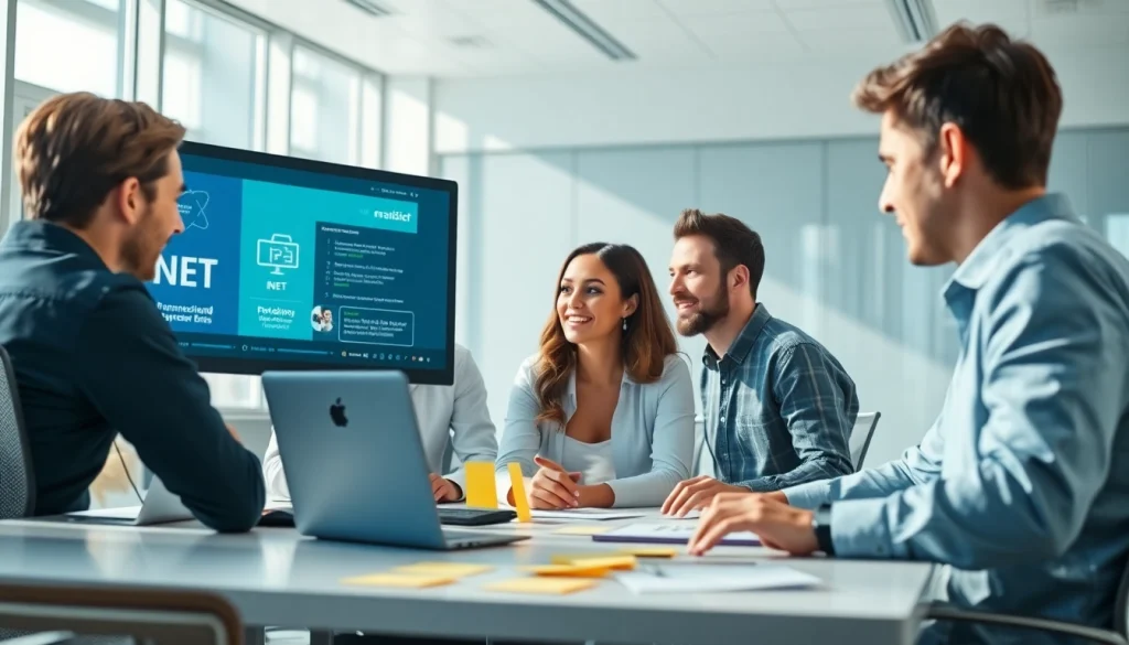 Hire .Net Full-stack developers collaborating in a modern workspace showcasing teamwork and coding.