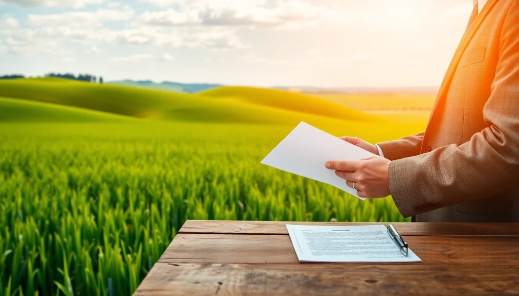 Consultative scene of agriculture law attorney supporting farmers in a picturesque rural setting.