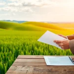 Consultative scene of agriculture law attorney supporting farmers in a picturesque rural setting.