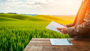 Consultative scene of agriculture law attorney supporting farmers in a picturesque rural setting.