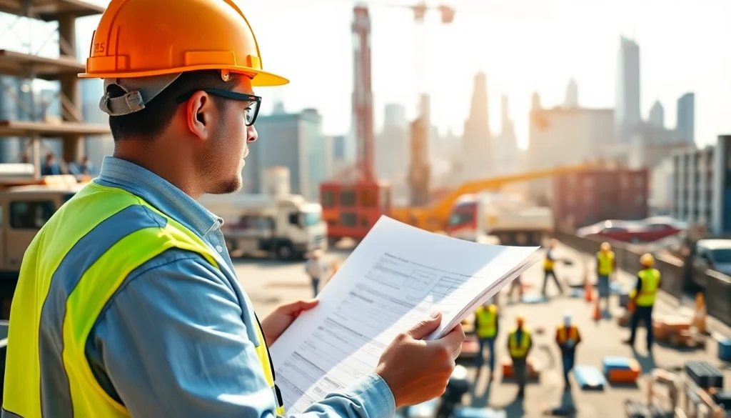 New York Construction Manager supervising a busy construction site with urban skyline in background.